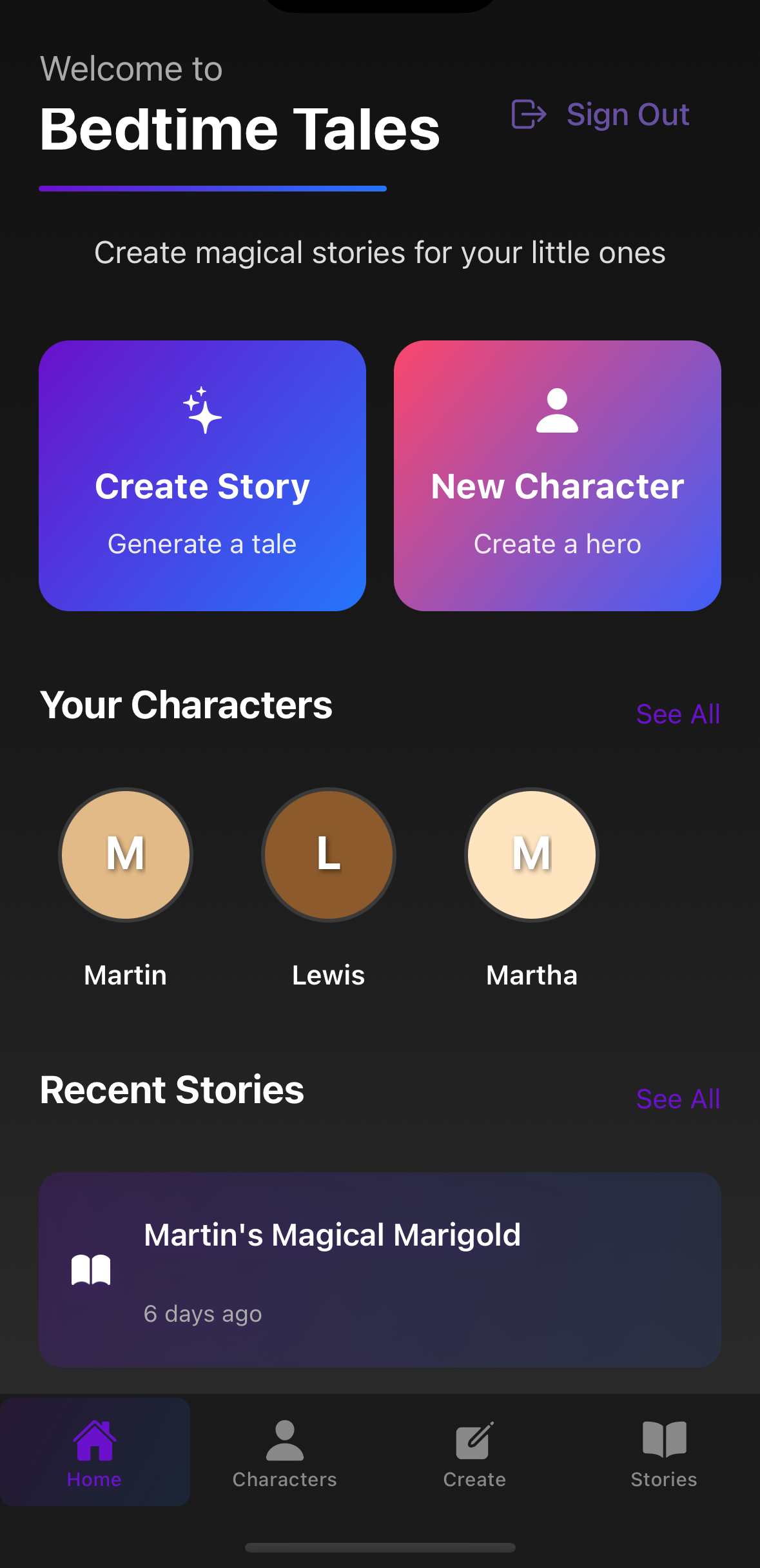 BedTimeTales app interface showing character creation