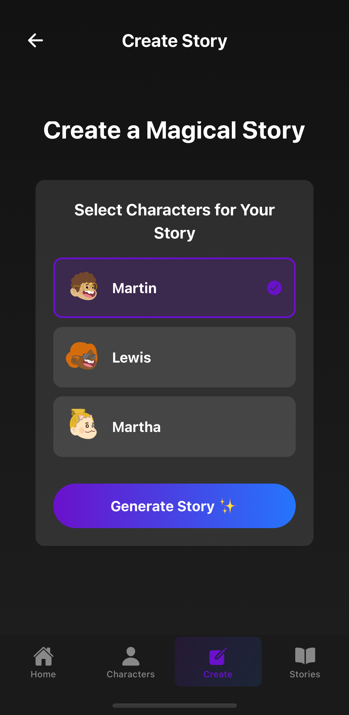 BedTimeTales app Story Configuration screen